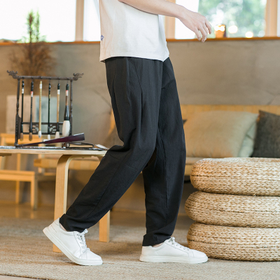 gurunvani休闲裤男士长裤子宽松弹力夏季薄款潮流直筒中国风冰丝亚棉麻九分裤男
