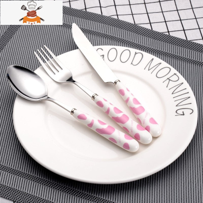 吃西餐的刀叉套装小孩粉色两件儿童叉子高檔套装专用切牛排可爱 敬平 粉牛[1刀1叉1勺]