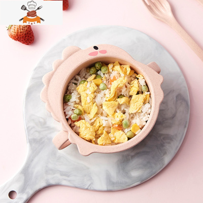 儿童餐盘小麦秸秆碗杯套装家用幼儿园分格吃饭盘卡通宝宝防摔餐具 恐龙碗-粉色 敬平