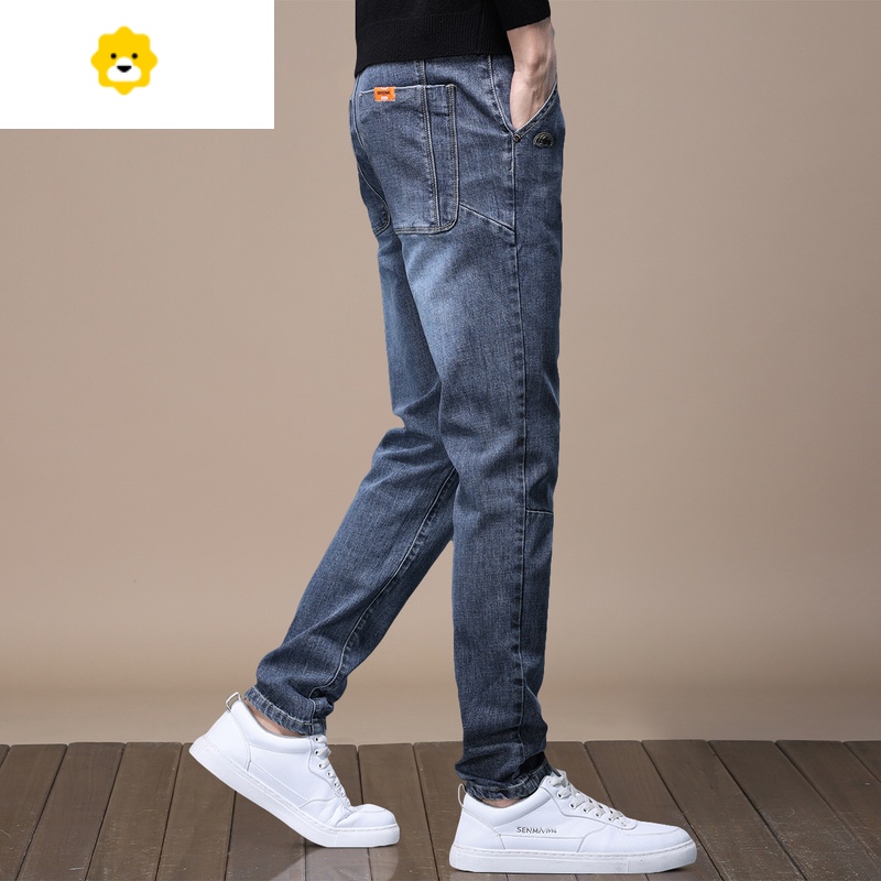 秋季新款牛仔裤男潮牌修身小脚高端百搭弹力加长男士长裤子蓝灰色