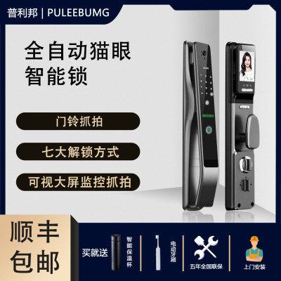 普利邦(PULIBANG)全自动猫眼可视大屏监控抓拍防盗家用指纹密码刷卡钥匙智能门锁远程解锁带门铃星空灰
