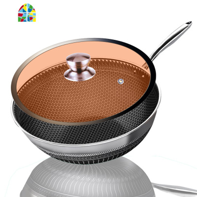 304不锈钢炒锅锅家用燃气灶电磁炉少油烟涂层不生锈炒菜锅 FENGHOU 银色34锅.(送可立把盖)