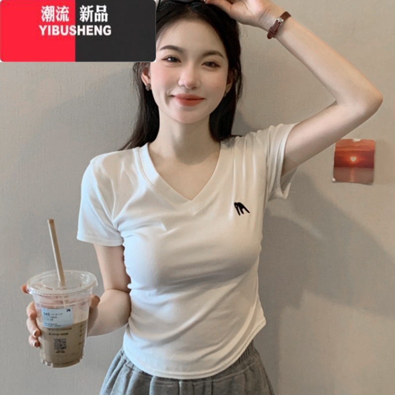 YIBUSHENGV领白色正肩短袖t恤女装季2024新款小个子修身显瘦短款辣妹上衣