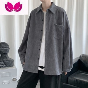 七斓灯芯绒衬衫男长袖港风潮流宽松休闲秋季衬衣纯色简约大码潮牌外套