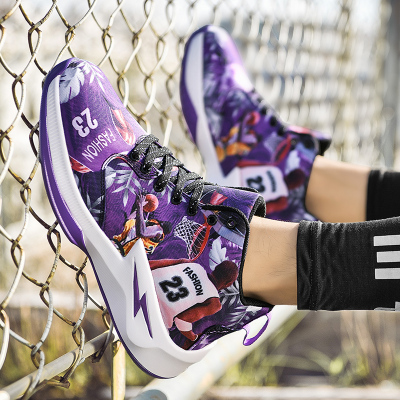 aj潮鞋紫色篮球高帮鞋初中高中学生涂鸦运动鞋青少年鸳鸯比赛球鞋