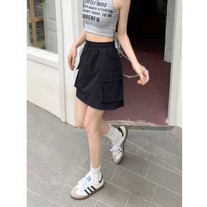 松紧腰抽绳工装半身裙女夏季2025新款辣酷高腰设计感小众A字短裙