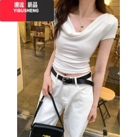 YIBUSHENG一字肩上衣款修身短袖t恤女2024新款荡领甜辣露肩女季短款辣