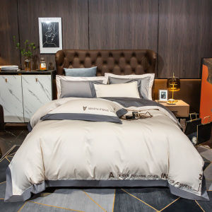 雅鹿 典雅风140支全棉轻奢刺绣套件 高支高密纯棉套件 双版拼色新疆长绒棉宽边绣花四件套