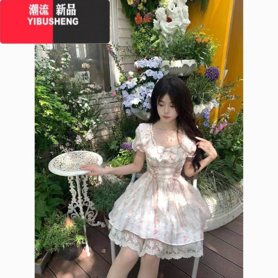 YIBUSHENG甜美可爱蝴蝶结方领碎花连衣裙子女季新款泡泡袖收腰显瘦蓬蓬裙