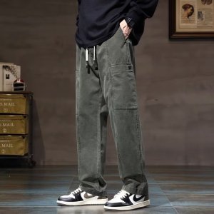 美式工装裤夏季新款拼接口袋男士直筒型宽松大码休闲长裤_1