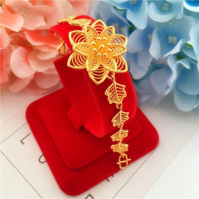 新款沙金女士手链 24K铜镀金镂空大花手链手镯殴币仿黄金久不掉色送女朋友老婆情人节七夕生日礼物