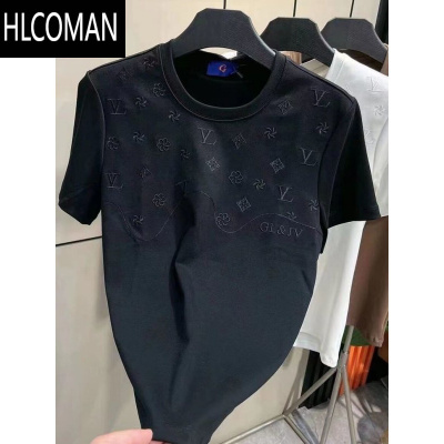 HLCOMAN高级感刺绣T恤短袖男夏季圆领休闲潮流2025新款潮牌时尚修身半袖