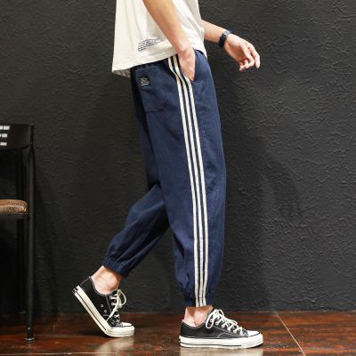 夏季休闲裤子男大码九分裤条纹日系宽松束脚裤运动亚麻潮流裤聿垣格
