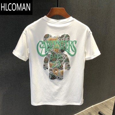 HLCOMAN潮牌网红小熊字母印花圆领短袖T恤男士修身半袖体恤2025新款