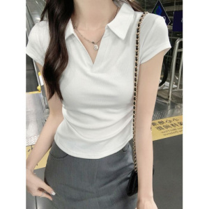 含棉 辣妹风polo领短袖T恤女新款设计感小众修身显瘦短款上衣