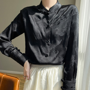春夏提花缎面立领打底长袖新中式国风衬衫设计感洋气盘扣