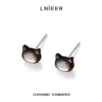 999纯银黑色猫咪耳钉女养耳洞防堵针耳环气质甜美可爱贝母耳饰品送女朋友老婆情人节七夕生日礼物