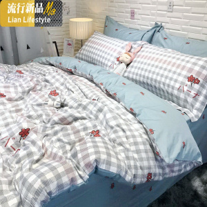 棉少女可爱卡通格子小碎花床上用品四件套棉床单被套三件套 三维工匠
