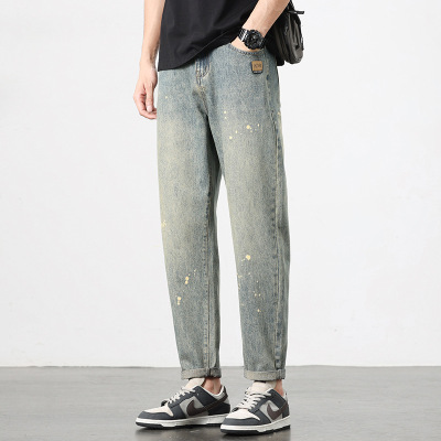 重磅牛仔裤男士复古泼墨牛仔裤泥染水洗锥形裤潮牌男装