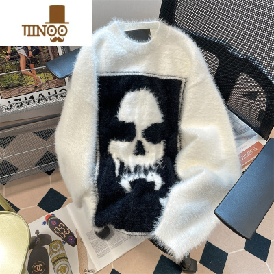 YANXU美式复古潮牌痞帅马海毛骷髅毛衣男女冬季加厚设计感炸街针织外套