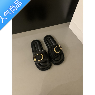 SUNTEK2023年夏季法式小香风平底凉鞋一字拖鞋女2023新款外穿露趾凉拖鞋