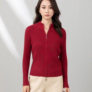 拉链开衫毛衣女春秋新款百搭杏色立领针织外套春装长袖上衣