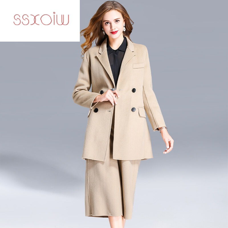 ssxoiw驼色双面羊绒大衣女两件套中长款2017新款修身短款高端毛呢外套潮