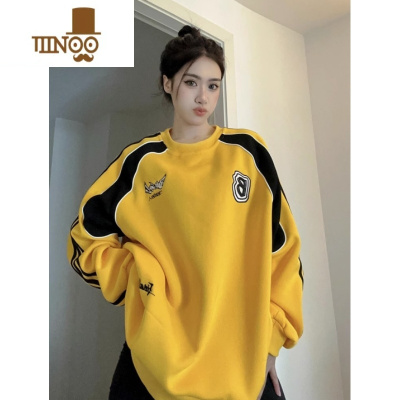 YANXU新款美式复古拼接圆领卫衣男女潮牌宽松情侣休闲长袖打底刺衫