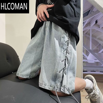 HLCOMAN夏季侧边编绳设计感牛仔短裤男款ins潮牌高街痞帅小众直筒五分裤