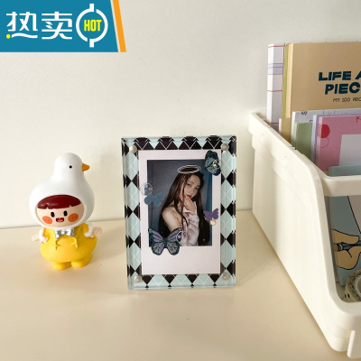 敬平韩国ins亚克力棋盘格拍立得相框3寸照片追星爱豆小卡展示摆台精致 菱格蓝黑 3寸