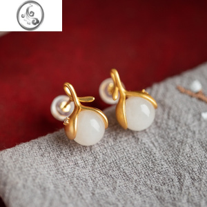 JiMi一念原创银银古法金和田玉中国风复古气质高级感小耳钉女耳环耳饰 玲珑花苞耳钉一对