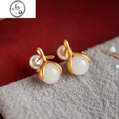 JiMi一念原创银银古法金和田玉中国风复古气质高级感小耳钉女耳环耳饰 玲珑花苞耳钉一对