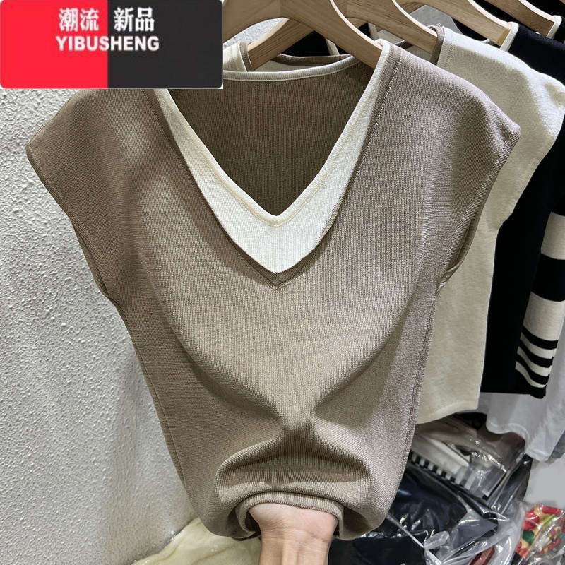 YIBUSHENG[80-200斤]大码冰丝短袖T恤女季宽松显瘦洋气假两件无袖上衣