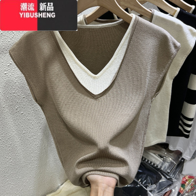 YIBUSHENG[80-200斤]大码冰丝短袖T恤女季宽松显瘦洋气假两件无袖上衣