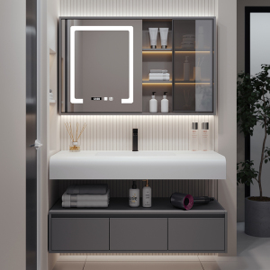 (送入户安装)汉德斯科卫浴柜智能浴室柜组合免漆实木肤感绮美石一体盆挂墙式吊柜洗脸盆柜面盆柜洗手池洗漱台6043