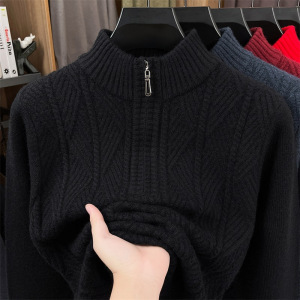 粗针加厚半拉链毛衣男2025冬季新款半高领提花保暖打底男士针织衫