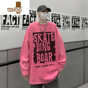 YANXU水洗做旧长袖t恤男秋季2023新款美式复古潮牌印花卫衣打底衫