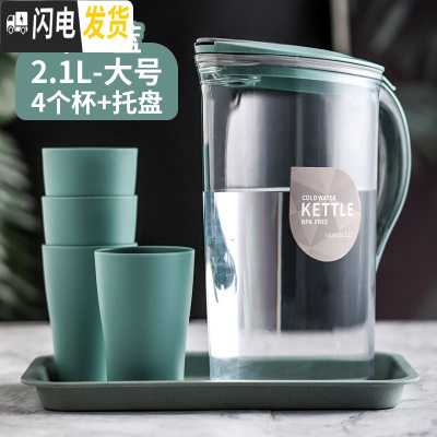三维工匠大容量塑料冷水壶果汁壶扎壶凉茶壶耐热高温家用凉开水壶套装凉杯 米亚蓝大号2.1(带托盘+4个杯)凉水壶