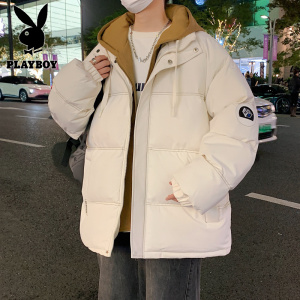 花花公子新款青少年学院风男式宽松连帽棉衣面包服假两件加厚棉服