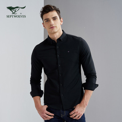 七匹狼长袖衬衫秋季新款净色长袖衬衫男士长袖衬衣男时尚休闲