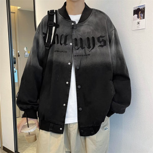 男装渐变棒球服男春秋季美式复古字母宽松百搭情侣款痞帅牛仔夹克