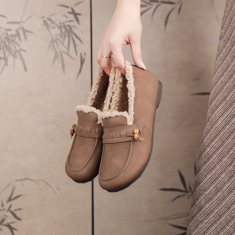 25秋冬真皮勃肯鞋女舒适加绒毛毛复古磨砂牛皮软底平底鞋大码43-4