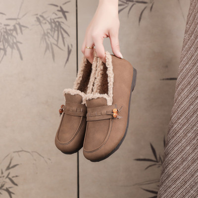 25秋冬真皮勃肯鞋女舒适加绒毛毛复古磨砂牛皮软底平底鞋大码43-4