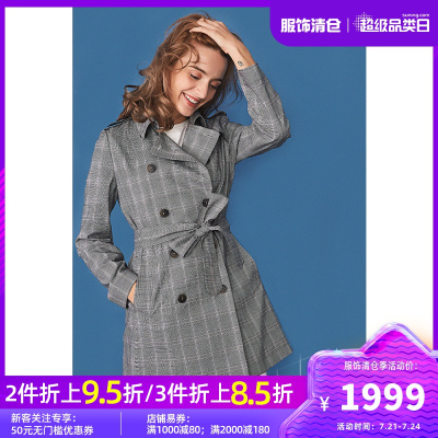 HushPuppies暇步士女装2020春格子休闲中长款风衣外套|HJ-20119D