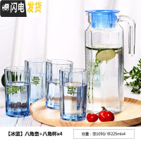 三维工匠冷水壶玻璃凉水壶瓶大容量泡茶防爆家用非耐热高温凉白开水杯套装 [冰蓝]八角壶+八角杯x4