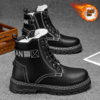 秋冬新款中帮保暖男士户外登山靴黑色潮流时尚加厚舒适雪地靴