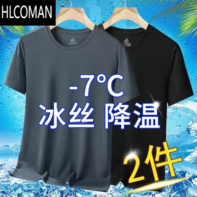 HLCOMAN2024夏季纯色冰丝短袖t恤宽松大码休闲百搭体恤潮流衣服男