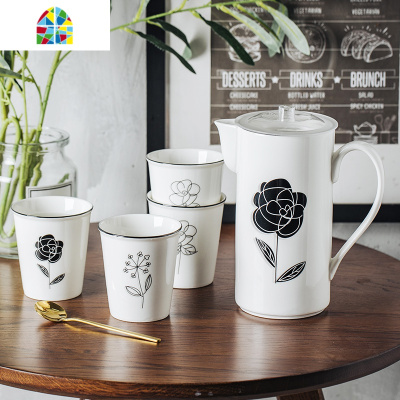 北欧陶瓷凉水壶套装家用客厅水杯茶杯凉水杯具带托盘 FENGHOU 一壶4杯(带密铵托盘)