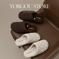 远港褶皱棉拖鞋女2023新款秋冬季室内家居加绒保暖居家防水皮拖男