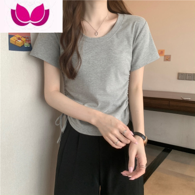 七斓设计感小众短袖T恤女新款抽绳短款辣妹独特别致冷淡系上衣